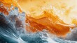 © 3DLeonardo - A dynamic orange and gold sunset illuminates a powerful ocean wave crashing onto deep turquoise waters. Use: coastal advertising, adventure book.