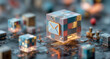 © Bartek - 3D digital cube with envelope icon representing secure email and data protection surrounded by holographic tech elements and office buildings in futuristic blue orange lighting