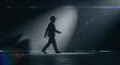 © CreativeIMGIdeas - An enigmatic figure walks confidently across the stage, illuminated by a single spotlight against a textured backdrop.
