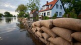 Sandbags stacked along a flooded riverbank, protecting homes from rising water levels, with lush greenery and residential buildings in the background, illustrating flood prevention measures