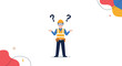 © Clara - Confused construction worker wearing full safety gear shrugs with question marks overhead, indicating a problem or question.