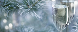 Two filled champagne glasses outdoors in front of frozen pine branches with hellen bokeh lights. Background for christmas and new year's celebrations. Close-up.