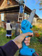 © Pavel Losevsky - Person is holding a blue electric trimmer saw. A ladder is leaning against a house. A man is on the ladder