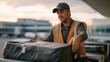 © forenna - An airport baggage handler organizing oversized luggage in the pickup zone, scanning tags to ensure passengers retrieve the correct items — aviation logistics and traveler support. cinematic color