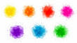 © Beny Qurdy - Eight vibrant watercolor paint splatters in various bright colors including yellow, orange, red, pink, purple, blue, and green on a clean white background.