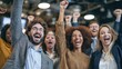© WS Studio 1985 - Triumphant Crowd in Celebration: A group of diverse people celebrates with arms raised, their faces reflecting elation, unity, and shared success. Capturing the spirit of joy and achievement