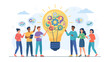 © Nazran - Brainstorming creative team collaboration concept. Diverse people with giant lightbulb ideas gears. Business innovation strategy. Teamwork solution planning. Problem solving meeting.