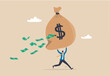 © Jobayer - Lose money from investment mistake, tax or expense, mutual fund cost or financial problem, unknown cost drain out money concept, businessman carry big money bag with big hole banknotes falling out.