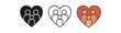 © Design Ful - family heart icons three parent and child silhouettes inside heart icons one flat solid monochrome one thin black outline black and white one full color flat icon warm skin tones and red