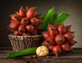 Close up of salak fruit clusters with green leaves on wooden surface