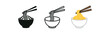 © Design Ful - noodle bowl icons three bowl with noodles and chopsticks icons one flat solid monochrome one thin black outline black and white one full color flat icon white bowl with noodles