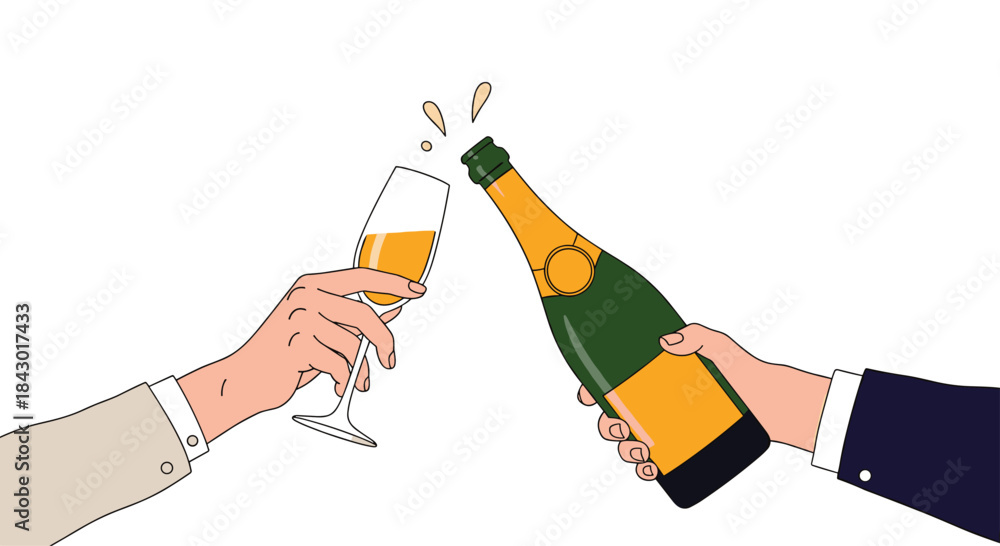 Celebratory toast as two hands hold a champagne bottle and a flute ...
