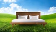 © Jessi - a wooden bed with mattress and pillows in the middle of green grass blue sky the breath of spring