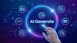 © Onetrick  - Generate with AI button. Artificial intelligence and Machine learning technology concept. AI enters by command prompt to generate ideas. Hand about to press a Generate AI button. Vector illustration