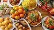© Emilio - Chinese New Year meal setting with noodles, stir-fried dishes, citrus fruits and festive decorations. Abundant traditional foods symbolizing longevity, prosperity and good fortune