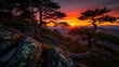 © Deal - Winter mountain sunset landscape panorama with red and orange light over the river