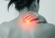 © Meow Creations - Woman holding her painful neck and shoulder, highlighted by a glowing red area of discomfort.