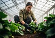 © Meow Creations - Female horticultural specialist tending vibrant flowering plants in a modern greenhouse