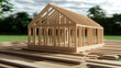 © Panupan - Wooden house frame construction on green field under blue sky, natural light, peaceful mood