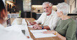 © SnapK/peopleimages.com - Paperwork, senior couple or discussion with agent for real estate, property purchase and agreement contract. Consultant, retirement planning or old people with offer for investment, speaking and home