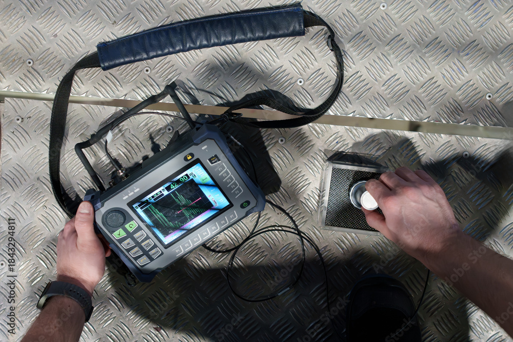 Detection Instrumentation Ultrasonic testing calibration setup with portable flaw detector ...