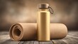© Shauqi - A gold water bottle and yoga mat on a wooden surface