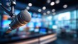 © DaniLana - Professional microphone with blurred newsroom background,  media journalism, broadcast studio