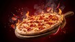 © misu - Spicy pepperoni pizza on a wooden board with flames, smoke, and flying chili peppers