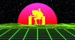 © Oleksii - Silhouette of a man working at computer. Sunset sun, stars, grid landscape. Retro futurism. Concept of night creative work.