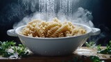 Colander draining pasta fusilli spirals white ceramic bowl steam rising water droplets frozen motion wooden surface fresh herbs dark background