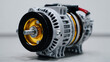 © Maksym - Close-up of alternator with pulley and stator, metallic housing textures emphasized, bolts and rotor detail visible, soft gradient background for clear industrial presentation