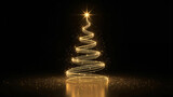 Albero di Natale dorato luminoso a spirale con stella su sfondo nero e scintille. Generative AI