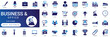 © Iconova Studio - Business office solid icon set featuring corporate teamwork meeting, finance management report, project strategy chart, and employee workspace vector symbols