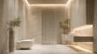 © valeo5 - Luxurious Modern Spa Bathroom Interior with Seamless Beige Marble Walls, Minimalist Wooden Slats, Hidden LED Lighting, and Contemporary White Fixtures for High-End Real Estate