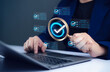 © Apichat - Check online reviews, customer feedback, and satisfaction rating with five stars, showing digital marketing and customer experience strategy analyzing data on laptop with digital check marks displayed