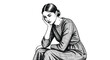 © John - A black and white ink drawing of a sad or thoughtful woman sitting with her head resting on her hand in a vintage style.