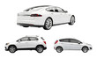 © Aklima - Set of three isolated white cars: a modern luxury sedan (electric car), a compact SUV, and a hatchback. Side and rear view collection on a transparent background for digital advertising