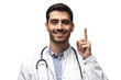 © Damir Khabirov - Smiling male doctor with stethoscope pointing finger up showing idea or important information