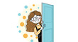 © Mahmudul - Cheerful cartoon girl with glasses peeks from behind a bright blue door as colorful circles float in a soft yellow background.