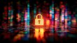 © Fumi - Glowing digital padlock illustration, with colorful bokeh background representing network security