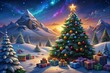 © Poster_Event - Enchanting snowy mountain christmas scene with gifts and starry sky