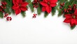 © fawnia - Elegant Christmas border with red poinsettias fir branches and berries on a white background.