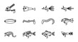 © Nayem - Collection of various fishing lures and fish icons in a simple line style