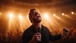 © Larisa AI - An intense male singer passionately performs on stage, his face lit by spotlights, capturing the electrifying atmosphere of the concert with fervent emotion and energy.