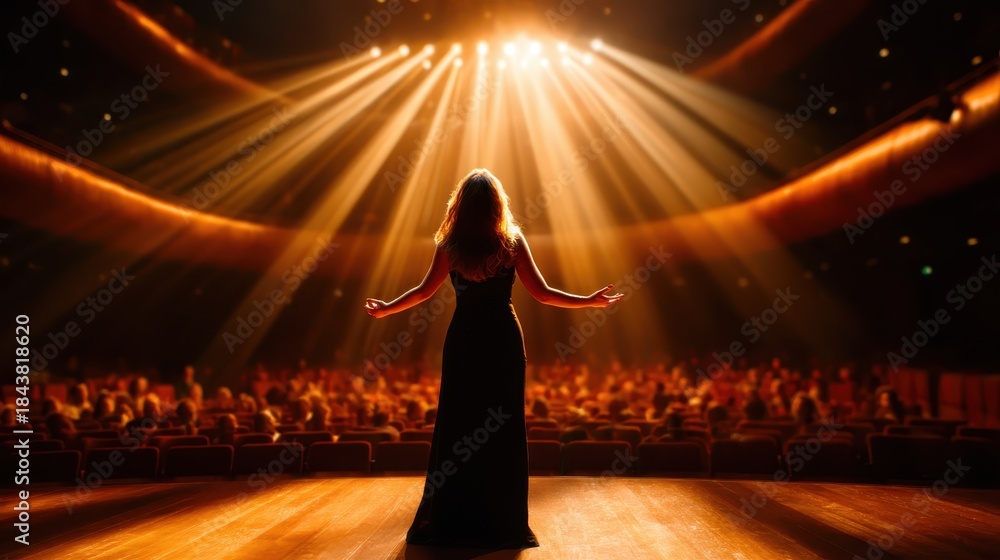 Stage Performance Confidence A captivating performer stands tall on an illuminated stage, radiating ...
