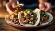 Three mouth-watering tacos filled with flavorful meat and fresh toppings are served on a wooden platter, emphasizing the beauty of culinary artistry and cultural cuisine.