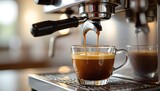 Fresh Espresso Pouring from Professional Coffee Machine into Glass Cup.