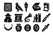 © Olha - Ancient Espionage Icons. Solid style icons of Ancient espionage: coded tablet, messenger pigeon, signal torch, hidden compartment,
