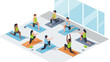 © Mark - Group yoga class in modern studio with diverse people practicing poses on mats in an isometric style