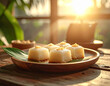 © Elenda - Traditional coconut rice cake bites displayed on wooden plate with soft morning light, minimal rustic styling for food background, image created by AI.